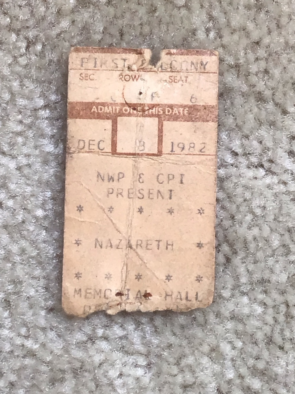 Vintage Rock Memorabilia Nazareth Concert Ticket Stub, 1982